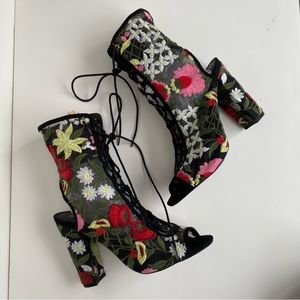 Embroidered flower open toe lace up block heels